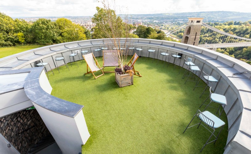 Roof terrace at Clifton Observatory with view of Clifton Suspension Bridge and the Avon Gorge behind